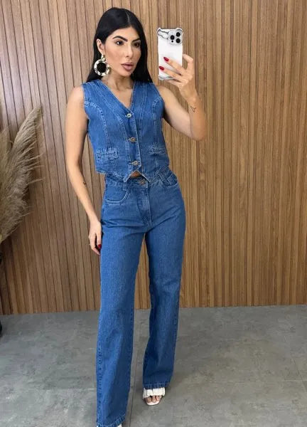 Calça Jeans Wide Leg Cecília - Lavagem Escura